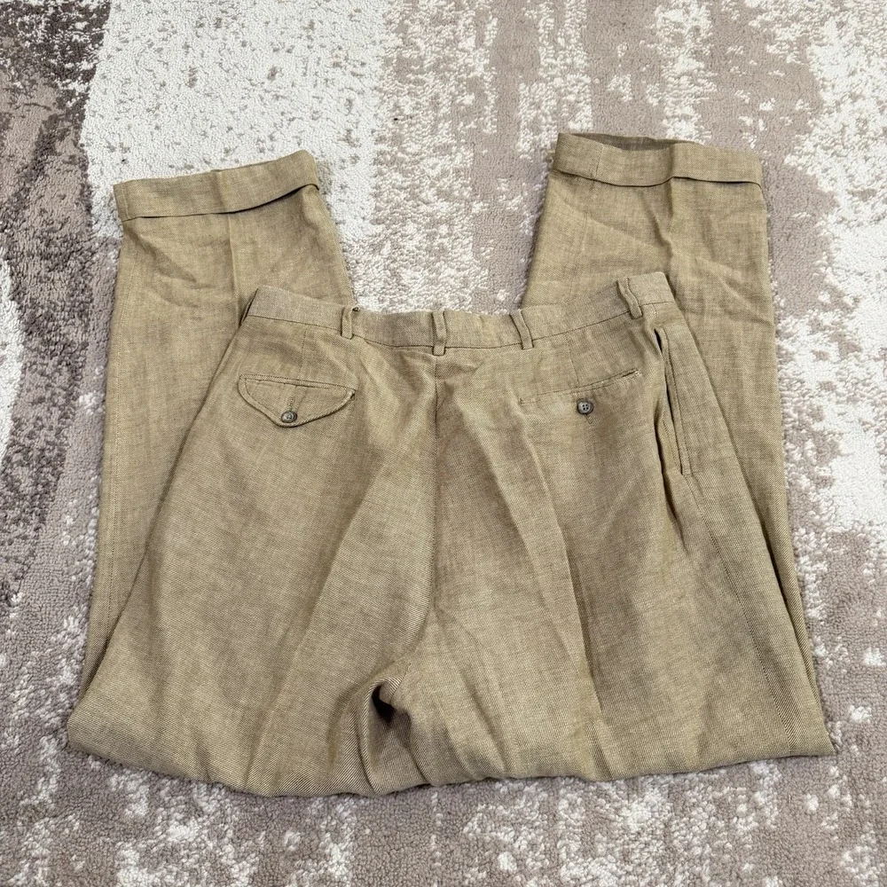 VTG Polo Ralph Lauren Dress Pants Mens 36x31 Brown Linen Blend Pleated Preppy